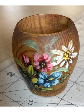 Hand Painted Wooden Folk Art CupFloral Eastern European Salt Cellar 3"